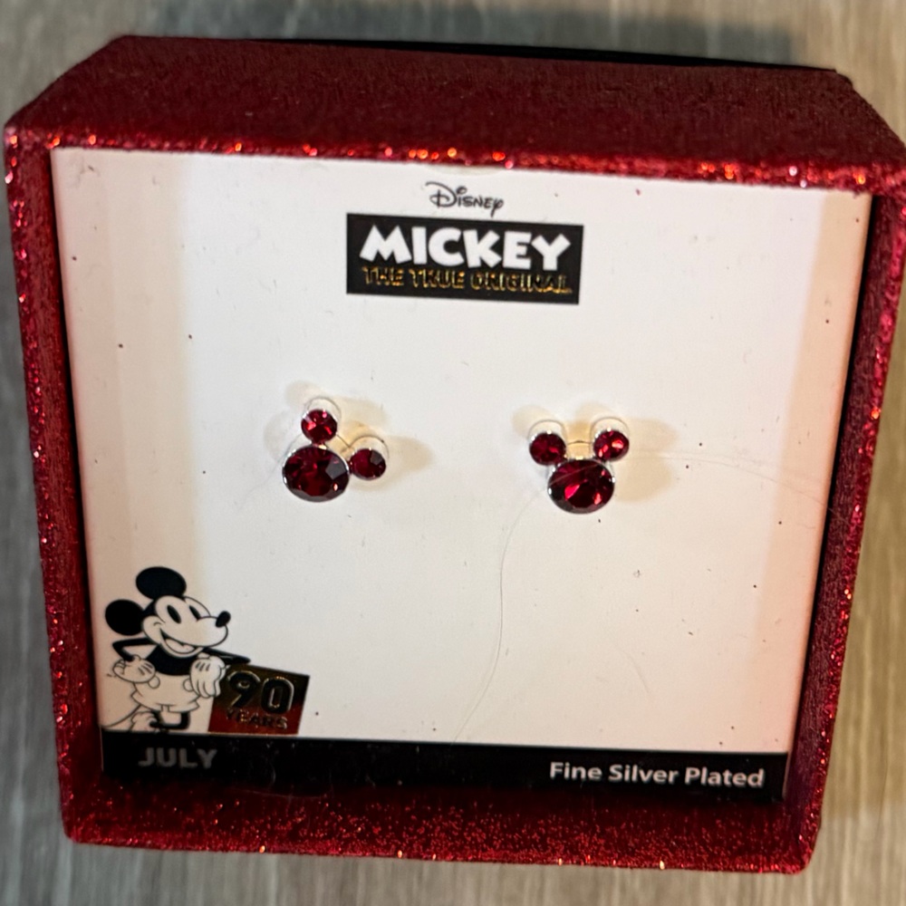 NWTIOB July Birthstone Sparkly Red Fine Silver Plated Mickey Mouse Earrings